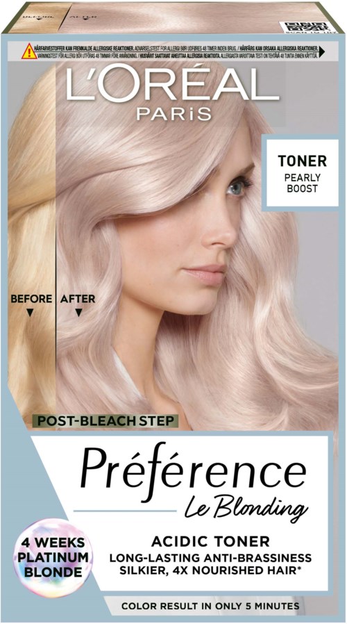 Een doos haarverf met een afbeelding van een vrouw met lang, blond, glanzend haar en labels.