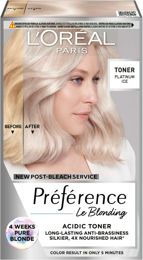 L'Oréal Paris hair toner box for blond hair, showing a woman with platinum blonde hair before and after treatment.