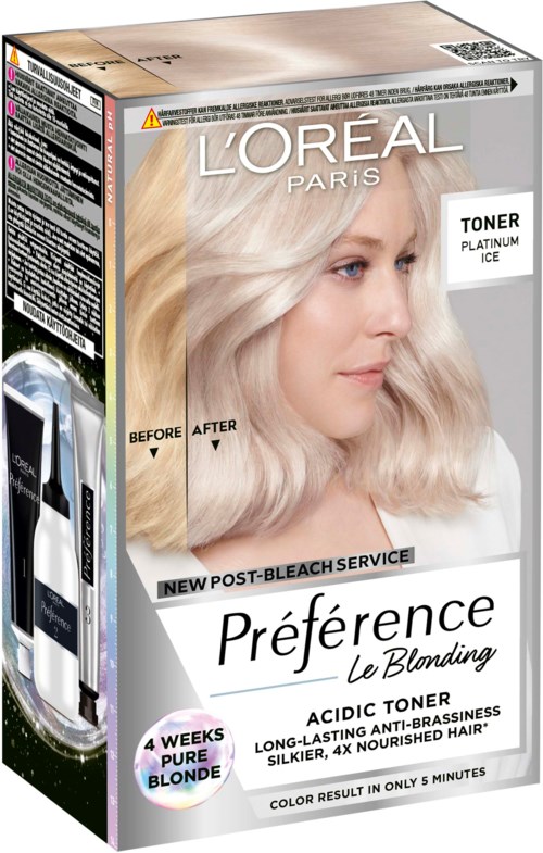 A box of L'Oreal toner with a woman showing before and after hair color results. It highlights long-lasting, anti-brassiness, and quick color change.