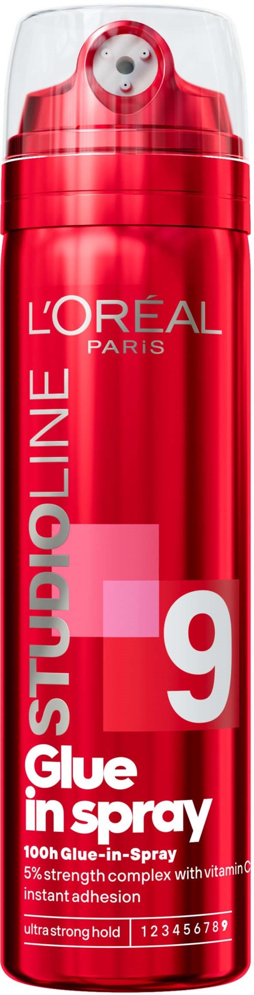 Rood spuitbus voor lijm, met witte en roze tekst, L'Oréal-logo, en doorzichtige dop.