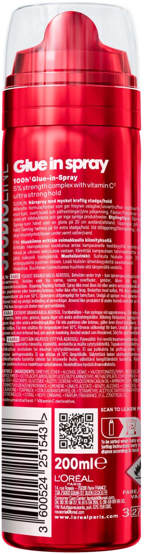 Een rode spuitbus met label 'Glue in spray' en een doorzichtige dop, bevat 200 ml lijm.