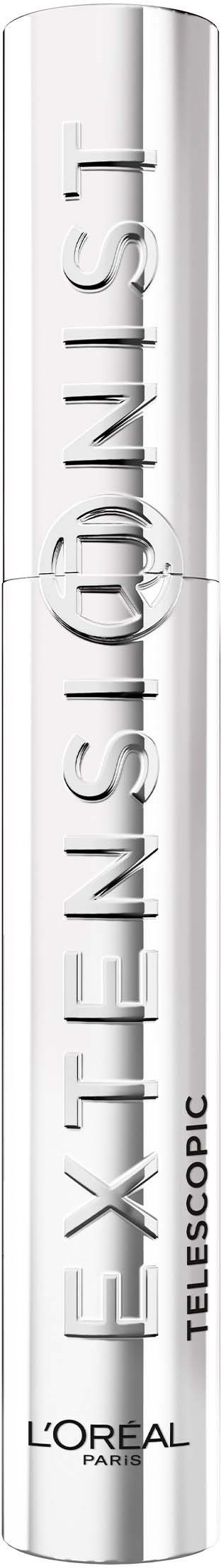 A white cylindrical lipstick with silver accents, labeled 'L'Oreal Paris' and 'Telescopic.'