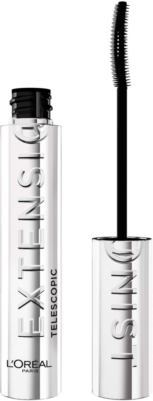 A clear tube with a black cap contains L'Oreal telescopic mascara. The wand has a curved brush for lashes.
