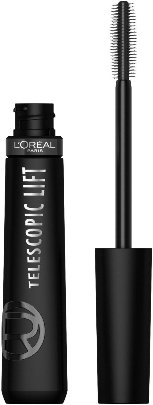 L'Oréal Mascara-Tube mit Wimpernbürste in Schwarz und Grau, beschriftet 'Telescopic Lift' für Augen-Make-up.