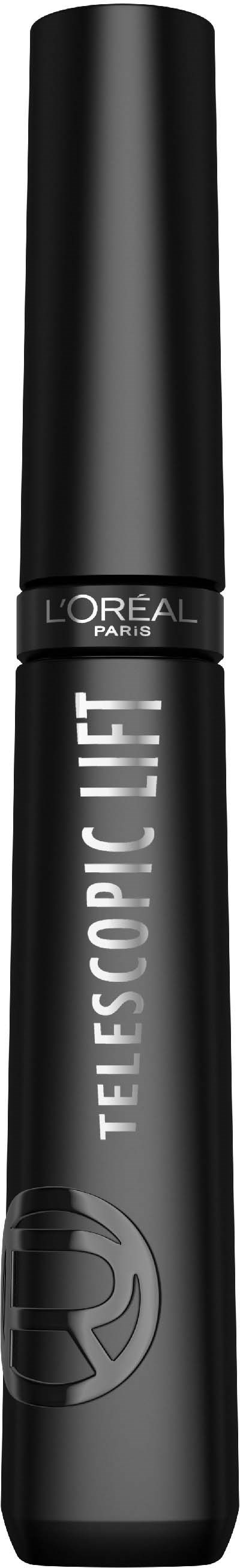 Eine schwarze Mascara-Hülse mit weißen und grauen Text, beschriftet 'Telescopic Lift' von L'Oreal Paris.