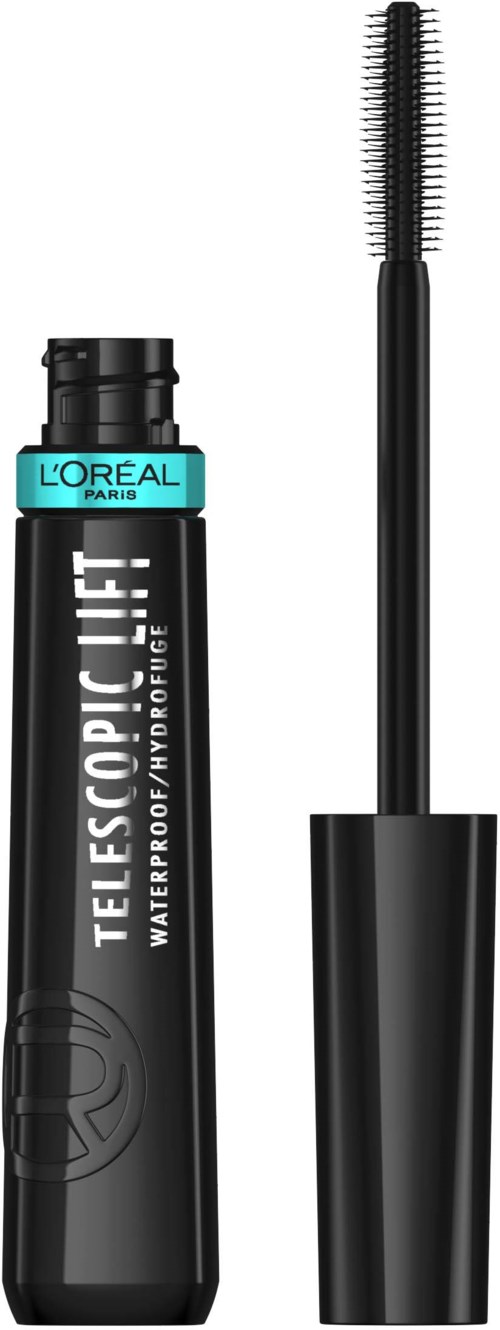 A black mascara tube with a blue and black label, with the wand opened, showing the brush.