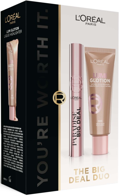 A cosmetic set includes a lipstick and a beige tube, with product and brand names on the packaging.