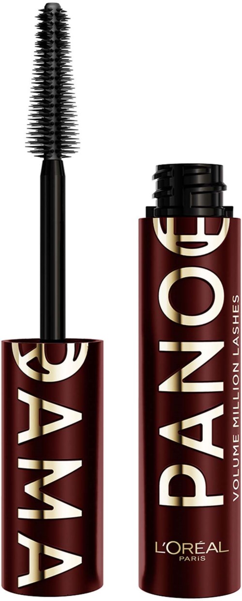 Een rode mascara-tube met dikke beige letters, één geopend met borstel, en de andere gesloten.