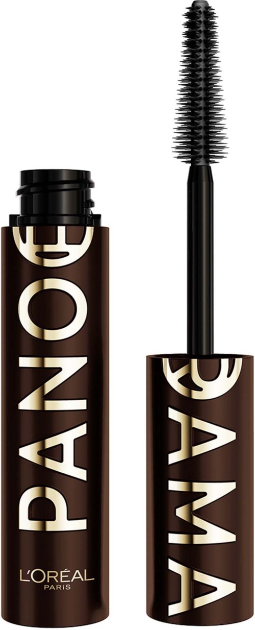 A mascara tube with the words PANDO and L'Oréal, with the wand next to it showing the brush.