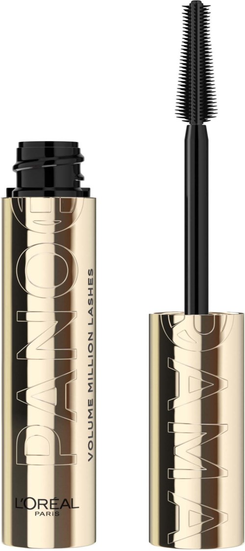 A gold and black mascara tube with an open brush applicator standing vertically.