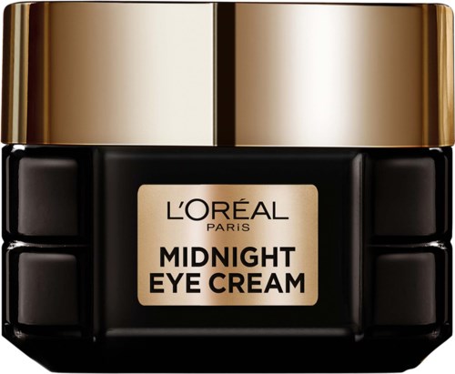 Een zwarte pot met gouden deksel met inhoud van L'Oréal Midnight Eye Cream.