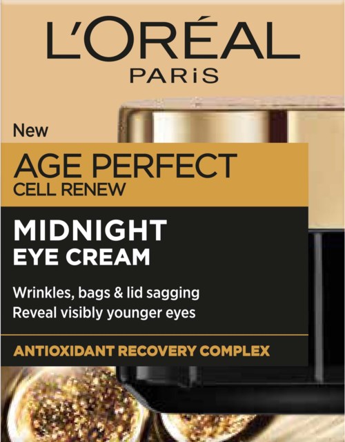 L'Oréal Paris logo, productnaam MidNight Eye Cream voor rimpels en slapte, bevat antioxidant recovery complex.