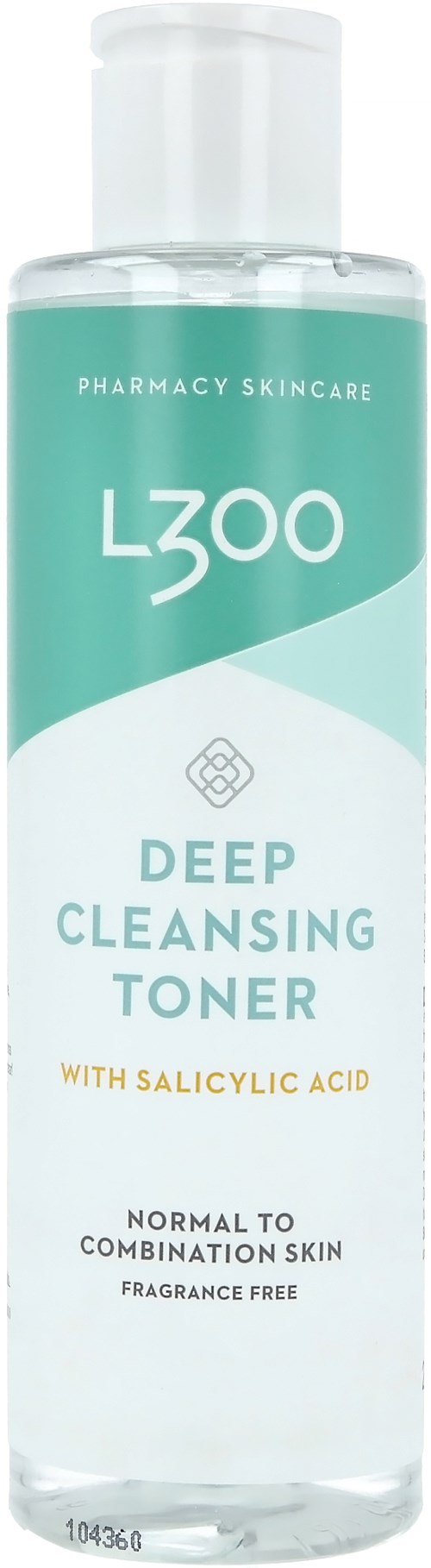 Eine klare Flasche mit weißem Deckel, beschriftet L300 Deep Cleansing Toner, für normale bis Mischhaut, parfumfrei.