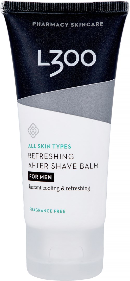 Eine Tube mit Etikett für L3OO erfrischendes After Shave Balsam für Männer, parfümfrei, mit kühlender und erfrischender Wirkung.