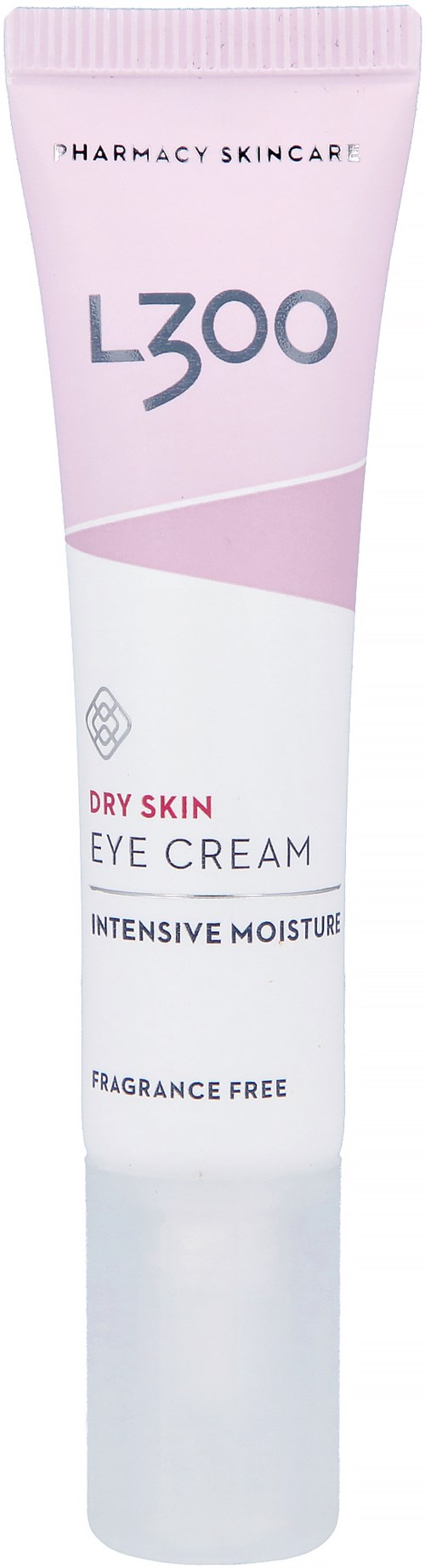 Rosa-weiße Tube mit Augencreme für trockene Haut, parfumfrei, intensive Feuchtigkeit, von Pharmacy Skincare, L3OO.