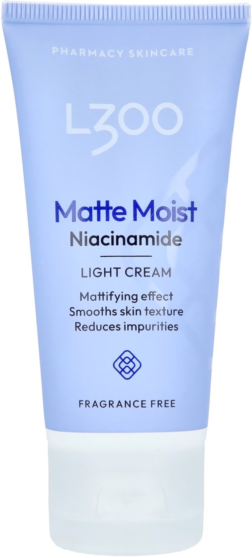 Hellblaue Tube mit L3OO Matte Moist Niacinamide Creme, Produktdetails und Symbole.