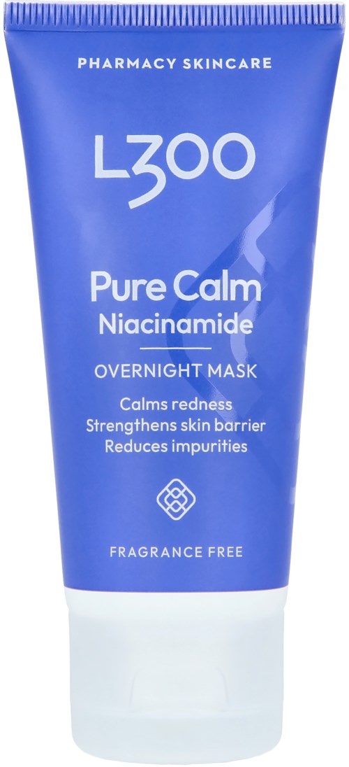 Blauer Tuben mit Hautpflegeprodukt 'Pure Calm' mit Niacinamid gegen Rötungen, Hautstärkung, Unreinheiten.