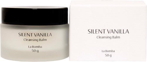 Et krukke og en eske med Silent Vanilla Cleansing Balm fra La Bomba, 50 gram. Krukken har svart lokk og hvit etikett.