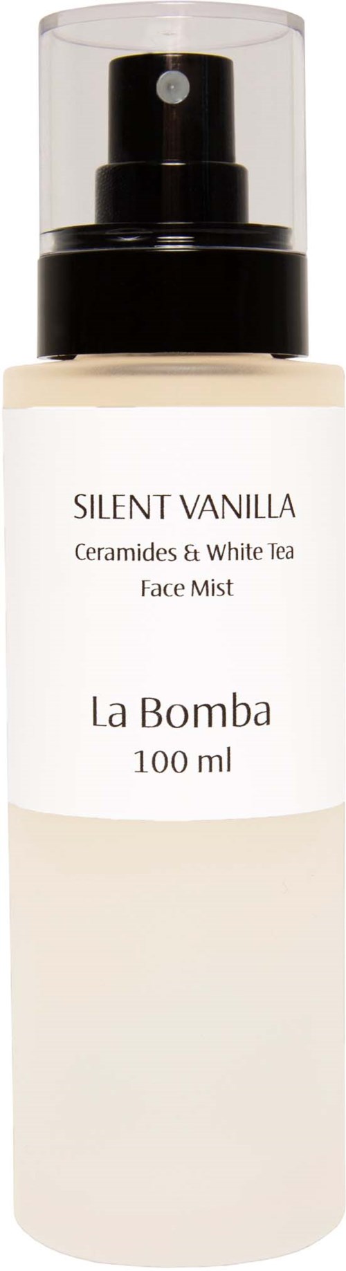 En hvit flaske med svart pumpe med Silent Vanilla Face Mist fra La Bomba, 100 ml.