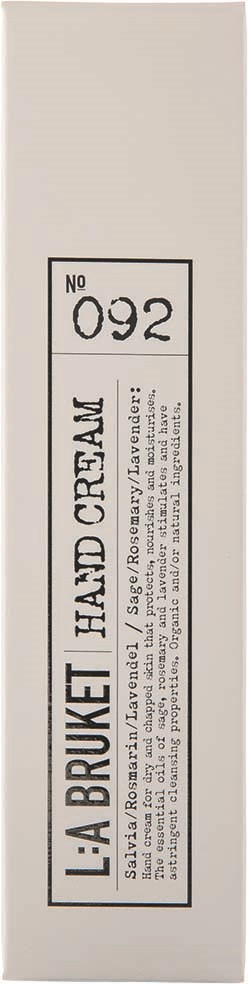 A tall, white box labeled La Bruket No 092 with text about hand cream scent and ingredients.