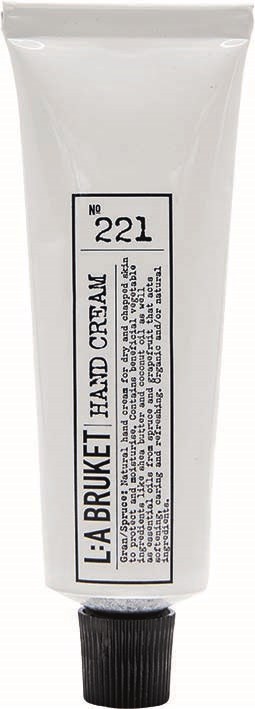 Eine weiße Tube mit schwarzem Text, die als Handcreme bezeichnet wird, mit schwarzem Deckel unten.