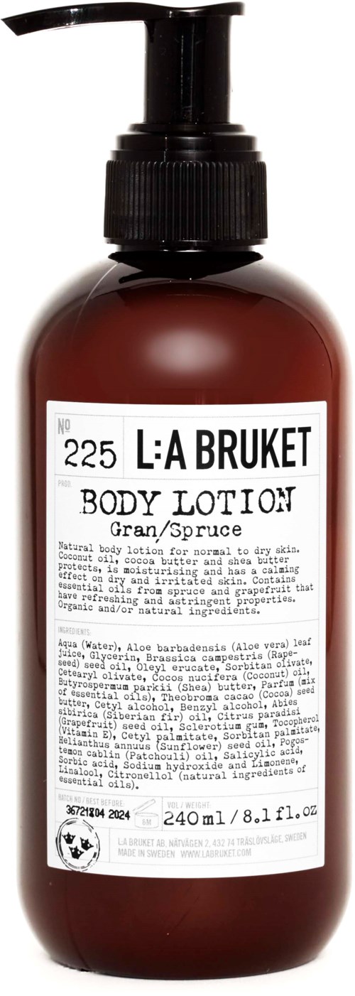 A brown bottle with a black pump. It has a label that says L:A BRUKET Body Lotion.