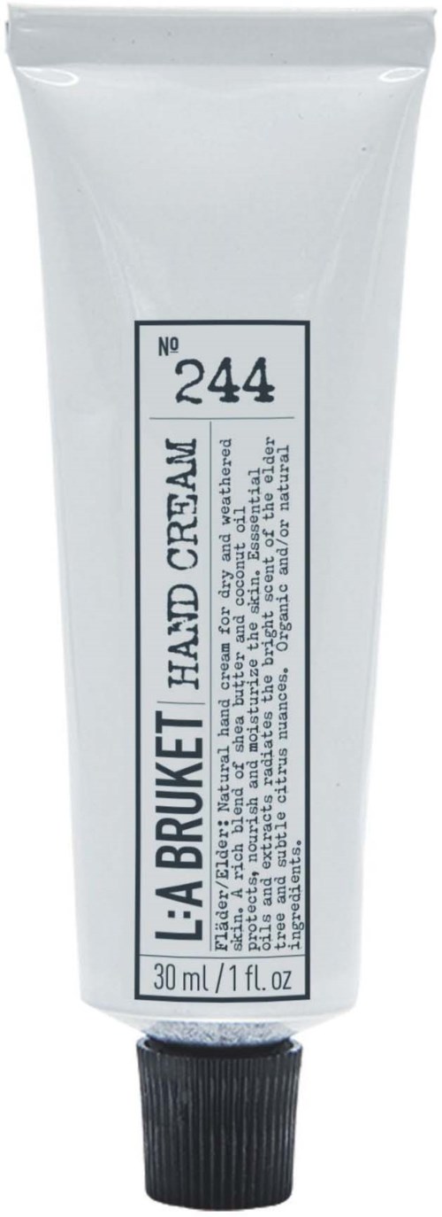 Een witte tube handcrème met 'La Bruket', 30 ml, zwarte dop en tekstdetails.