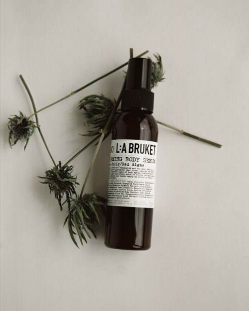 Eine dunkle braune Flasche mit Pumpaufsatz liegt auf einer weißen Oberfläche, umgeben von getrockneten Pflanzenstängeln mit stacheligen Blüten.