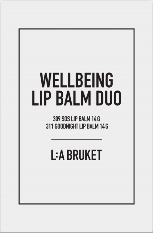 Ein einfacher Aufkleber für ein Lipbalm-Duo, mit Produktnamen und Marken in schwarzem Text auf weißem Hintergrund.