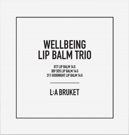 Textliste mit Lippenbalsamen von WELLBEING LIP BALM TRIO, inklusive drei verschiedene Produkte und ein Ladenname.