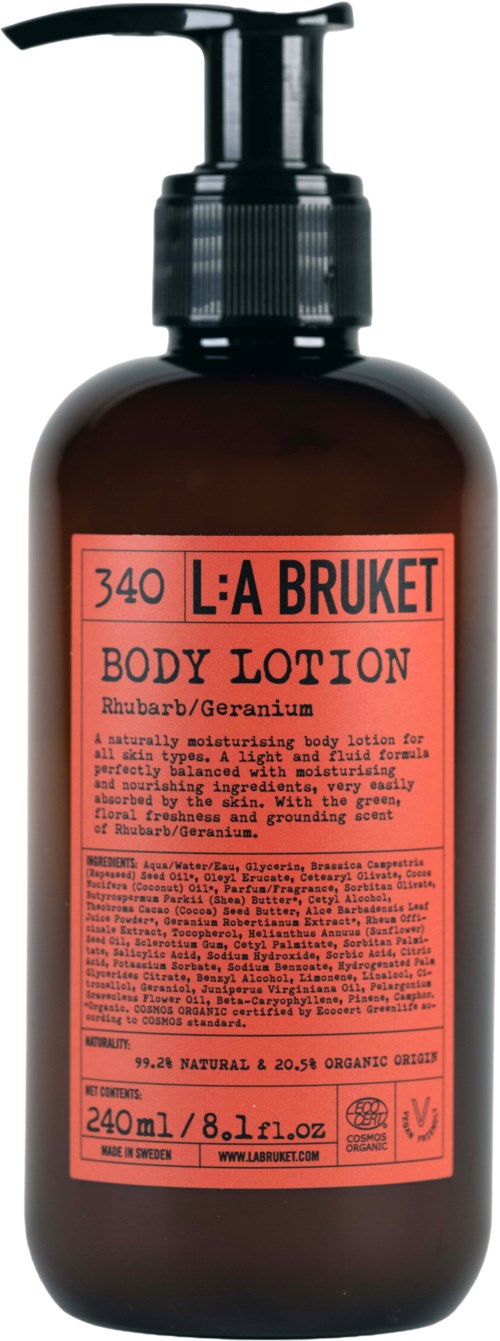 A brown bottle with a pump top labeled L:A Bruket body lotion in rhubarb and geranium scent.