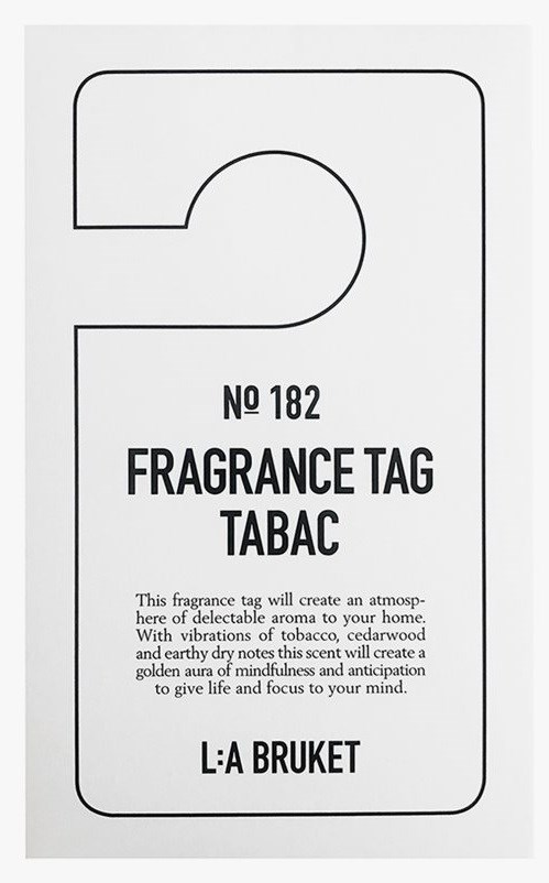Een geurlabel genummerd 'No 182', met beschrijving en merknaam 'L:A BRUKET'.