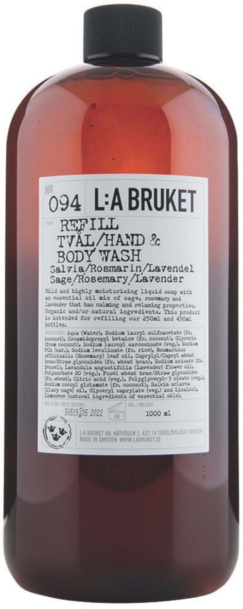 Eine große braune Flasche mit schwarzem Deckel, Beschriftung zeigt es ist eine Nachfüllung für Hand- und Körperwäsche mit Lavendelduft.