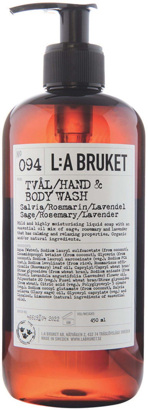 Eine Flasche Hand- und Duschgel mit Pumpkopf, beschriftet mit Lavendel- und Rosmarinduft.