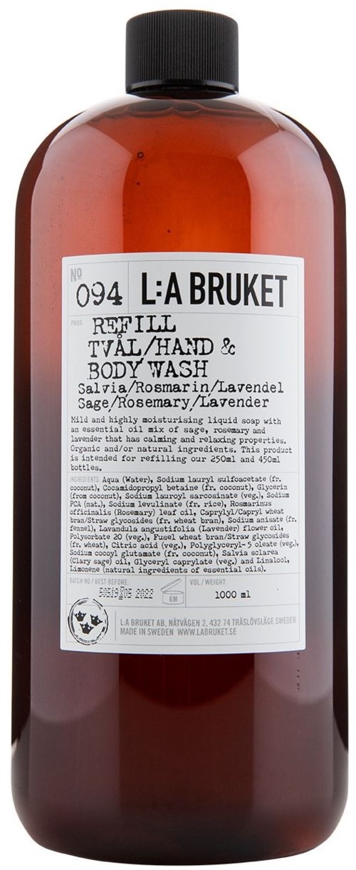 Eine braune Flasche mit schwarzem Deckel, Beschriftung zeigt, dass es sich um Nachfüll-Flüssigseife für Hände und Körper mit Lavendelduft handelt.
