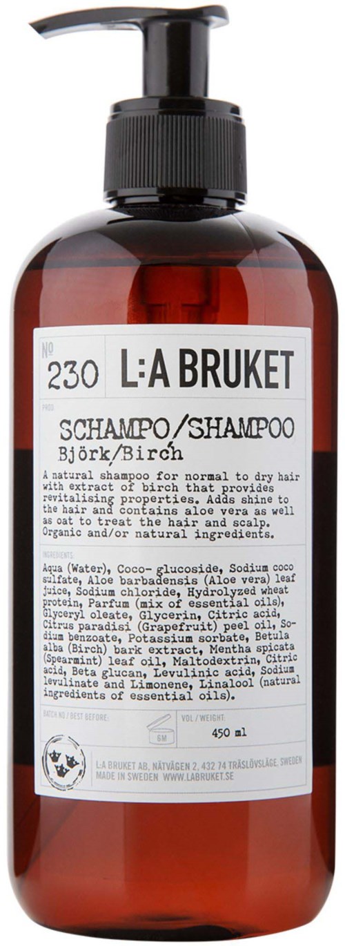 Eine braune Pumpflasche mit Beschriftung 'L:A BRUKET' für Birken-Shampoo, 450 ml, mit Details zu Anleitung und Inhaltsstoffen.