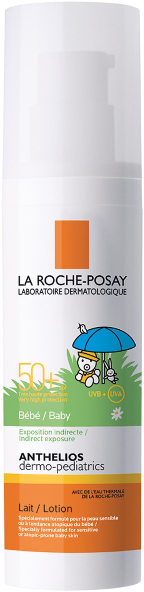 Valkoinen La Roche-Posay vauvan voidepullo, jossa on piirrostarus sateenvarjossa.