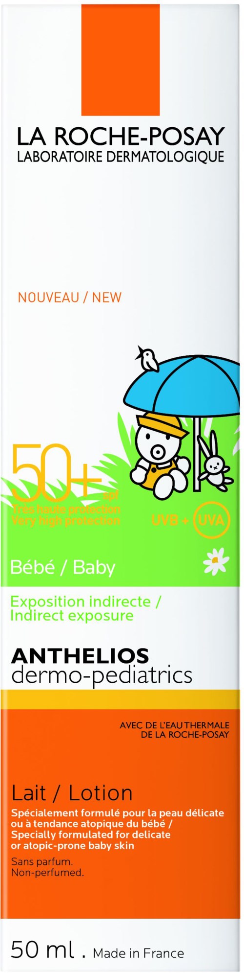 BABY-voiteen aurinkovoide La Roche-Posay, suojakertoimella 50, jossa on piirrostä karhu ja sateenvarjo.