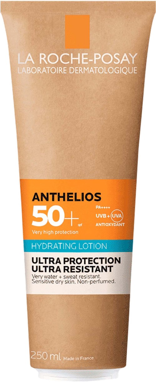 A tube of La Roche-Posay Anthelios hydrating lotion with SPF 50+ for very high sun protection.