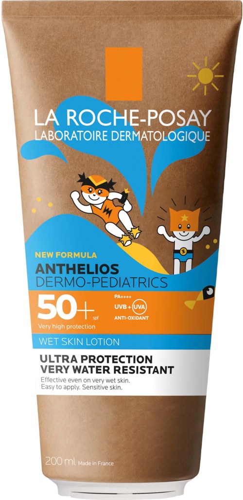 Bottle of La Roche-Posay Anthelios Dermo-Pediatrics sunscreen lotion with cartoon characters on the label.