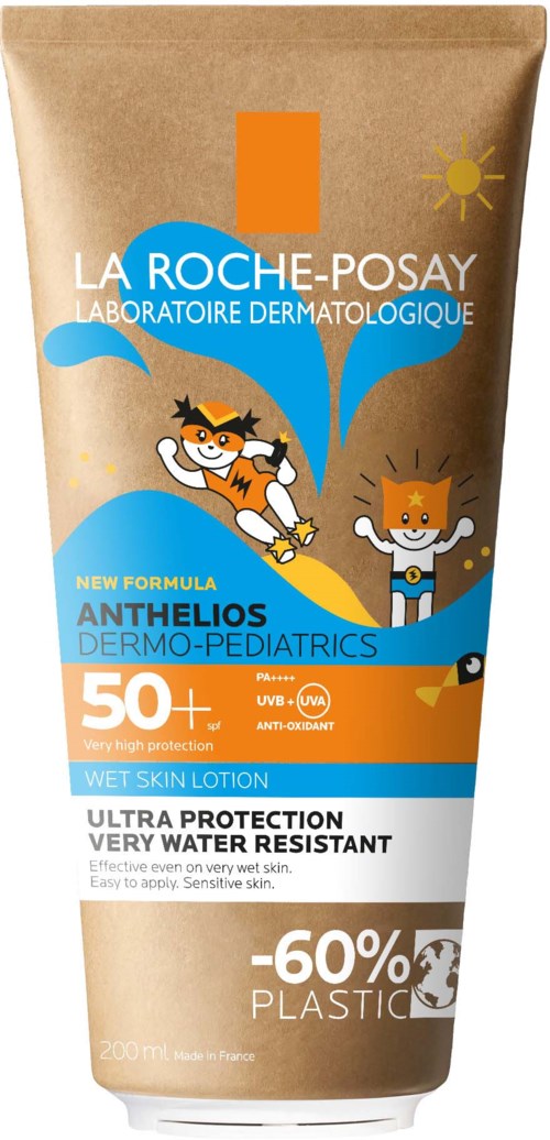 A beige tube of La Roche-Posay sunscreen with a cartoon fox, showing UVA and UVB protection, and water resistance.