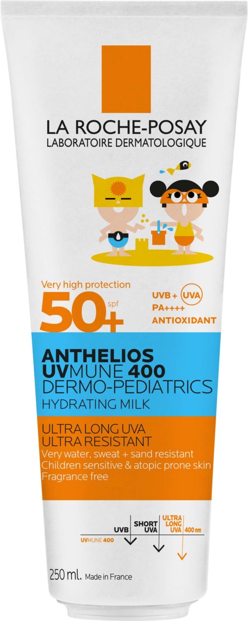 A tube of La Roche-Posay sunscreen with cartoon characters, highlighting high protection, hydrating, and suitable for children and sensitive skin.