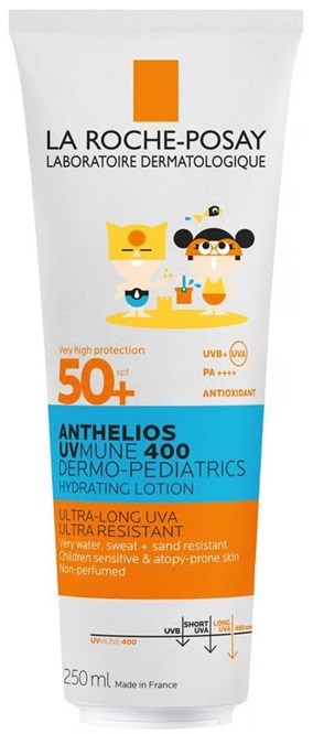 Tube of La Roche-Posay Anthelios UV Mune 400 dermatological moisturizing lotion with SPF 50+ for children, designed for sensitive skin.