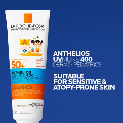 Tube of La Roche-Posay Anthelios UVMune 400 Dermo-Pediatrics hydrating lotion with SPF 50+ for sensitive, prone-to-allergy skin.