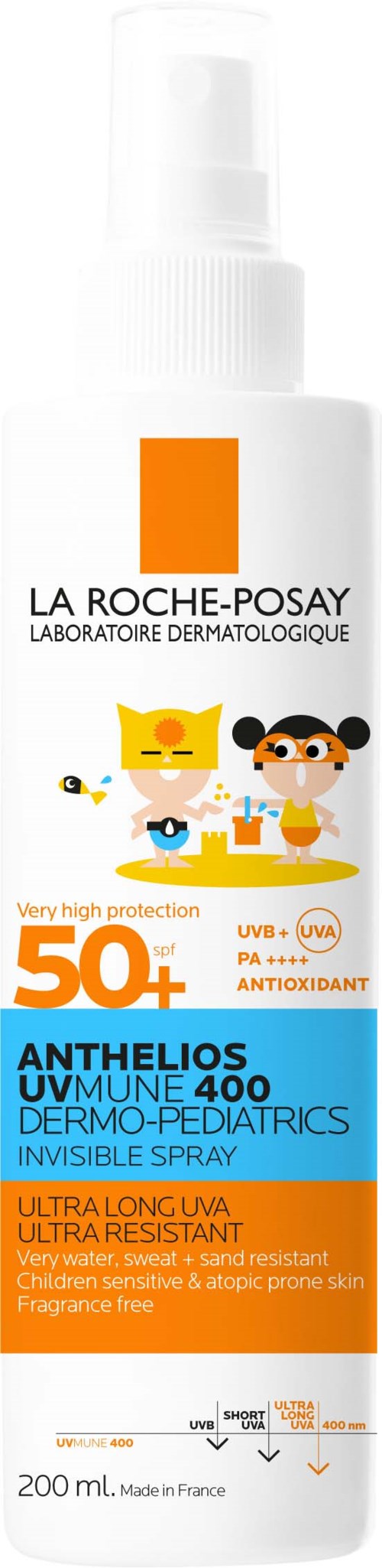 A sunscreen spray bottle with cartoon characters, labeled SPF 50+, for children, offering high protection against UV rays.