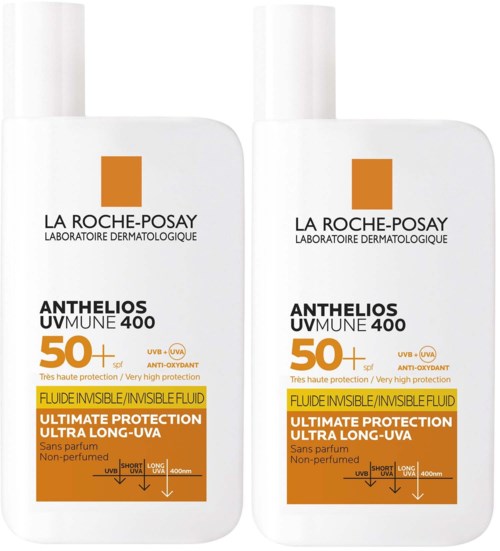 To flasker med La Roche-Posay solkrem, SPF 50+, full beskyttelse, uten parfyme, 400 ml hver.