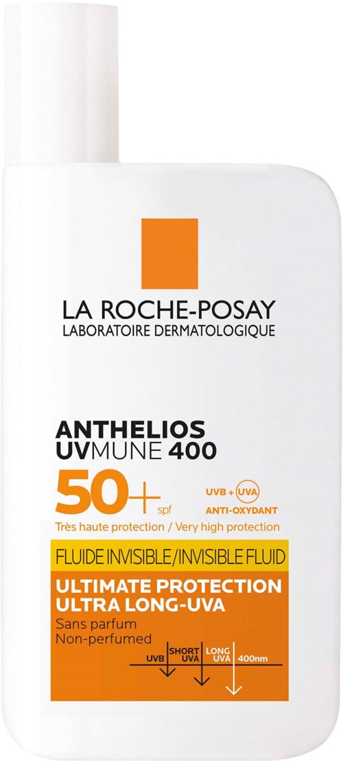 A white bottle of La Roche-Posay sunscreen with SPF 50+ and UV protection, labeled for very high protection and long-lasting.