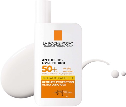 A white bottle of La Roche-Posay sunscreen with orange label, showing SPF 50, UV protection, and 'Invisible Fluid'.