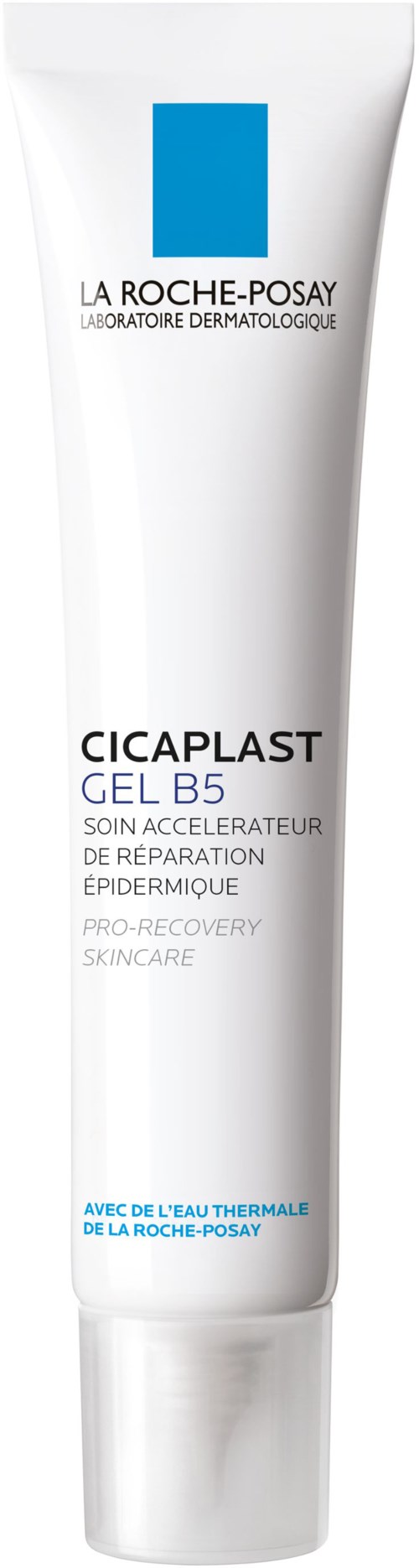Eine weiße Hautpflege-Tube von La Roche-Posay, bewirbt Cicaplast Gel B5 für Hautreparatur und Regeneration.