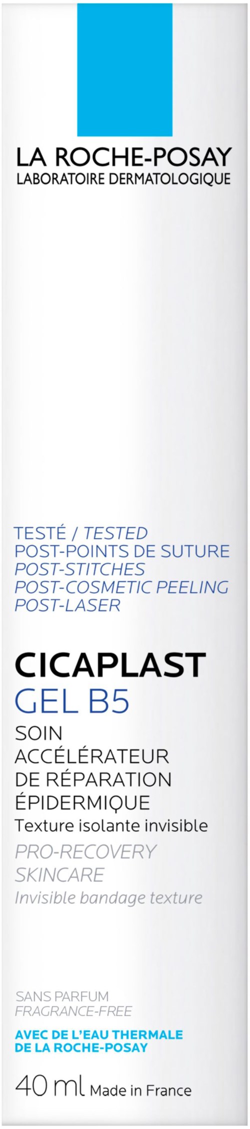 Eine weiße Box mit blauer und schwarzer Schrift über La Roche-Posay Hautprodukt, erwähnt Nach-Peilung und Hautregeneration.